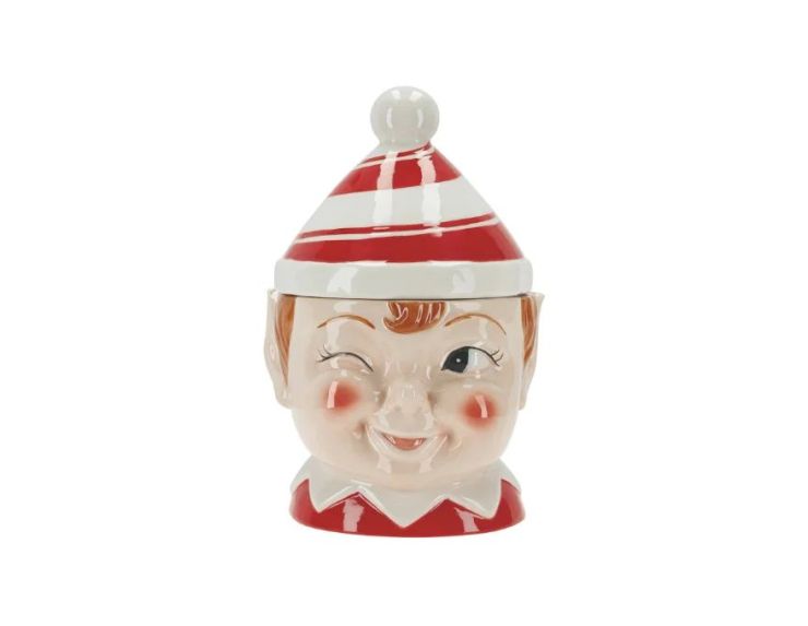 Boîte à biscuits lutin elfe céramique rouge blanc chapeau rayé clin d'œil H26cm - Lilosquare