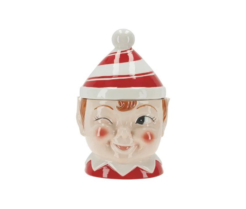 Boîte à biscuits lutin elfe céramique rouge blanc chapeau rayé clin d'œil H26cm - Lilosquare