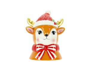 Boîte à biscuits renne céramique chapeau rouge bois dorés nœud rayé H21cm - Lilosquare