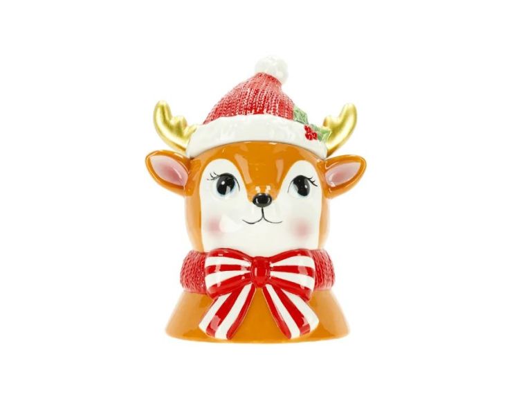 Boîte à biscuits renne céramique chapeau rouge bois dorés nœud rayé H21cm - Lilosquare