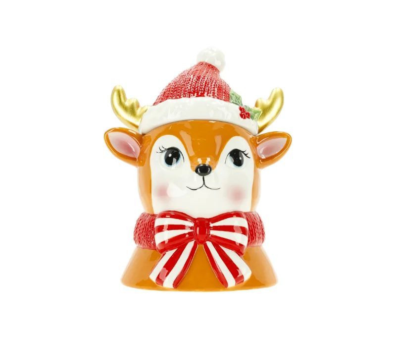 Boîte à biscuits renne céramique chapeau rouge bois dorés nœud rayé H21cm - Lilosquare