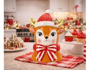 Boîte à biscuits renne céramique chapeau rouge bois dorés nœud rayé H21cm - Lilosquare