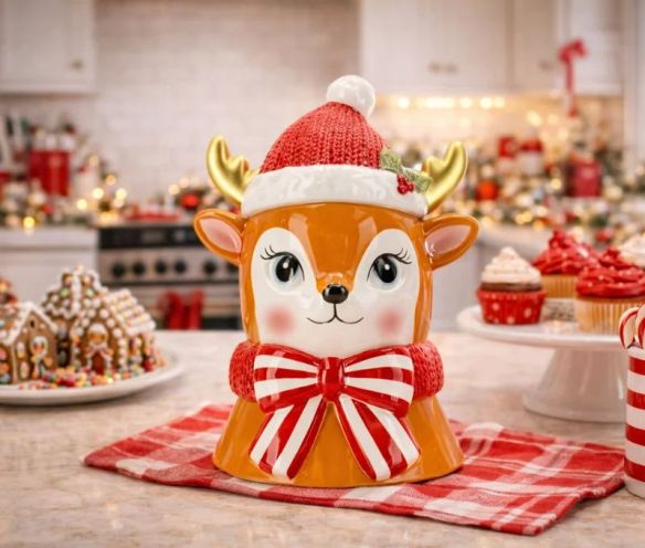Boîte à biscuits renne céramique chapeau rouge bois dorés nœud rayé H21cm - Lilosquare