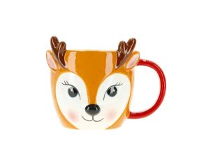 Mug de Noël renne céramique bois relief anse rouge yeux bleus - Lilosquare