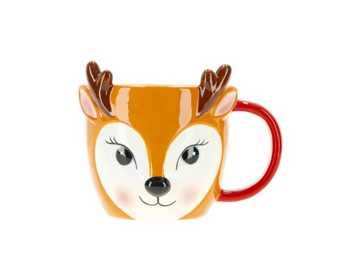 Mug de Noël renne céramique bois relief anse rouge yeux bleus - Lilosquare