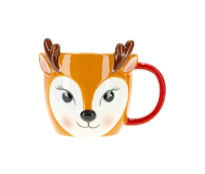 Mug de Noël renne céramique bois relief anse rouge yeux bleus - Lilosquare