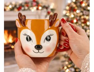 Mug de Noël renne céramique bois relief anse rouge yeux bleus - Lilosquare