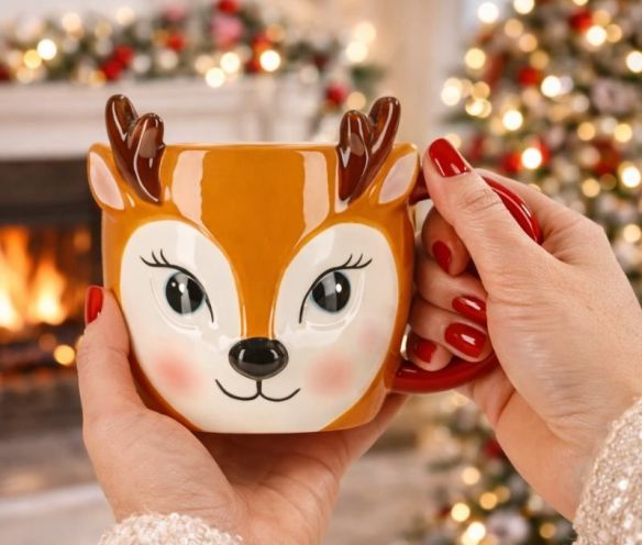 Mug de Noël renne céramique bois relief anse rouge yeux bleus - Lilosquare