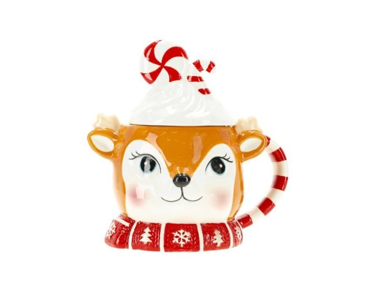 Mug de Noël renne céramique couvercle crème fouettée bonbons écharpe rouge - Lilosquare