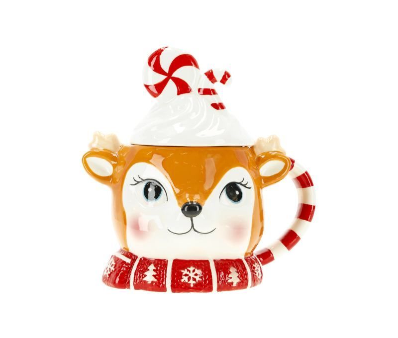 Mug de Noël renne céramique couvercle crème fouettée bonbons écharpe rouge - Lilosquare