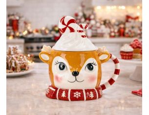 Mug de Noël renne céramique couvercle crème fouettée bonbons écharpe rouge - Lilosquare