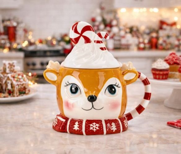 Mug de Noël renne céramique couvercle crème fouettée bonbons écharpe rouge - Lilosquare