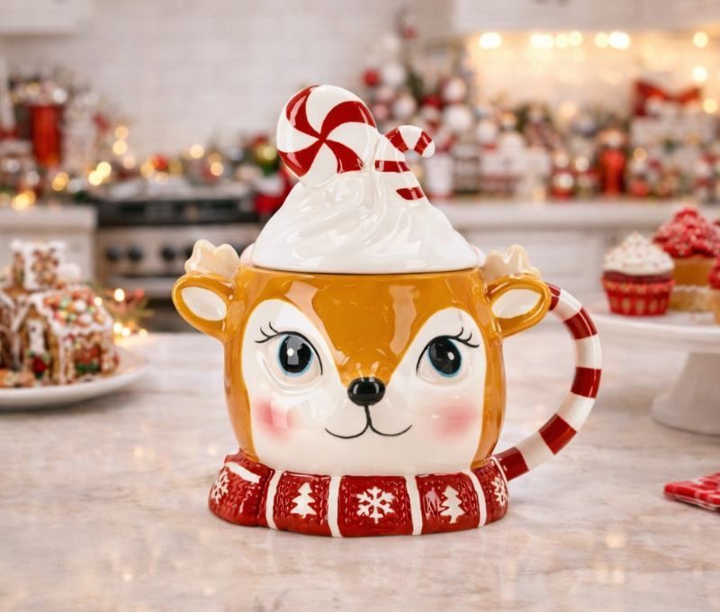 Mug de Noël renne céramique couvercle crème fouettée bonbons écharpe rouge - Lilosquare