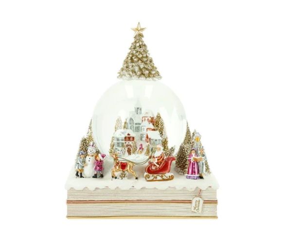 Boule à neige Noël village Père Noël traineau sapin doré socle livre LED H22cm - Lilosquare