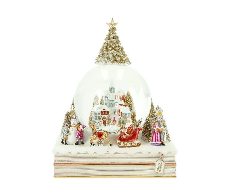 Boule à neige Noël village Père Noël traineau sapin doré socle livre LED H22cm - Lilosquare