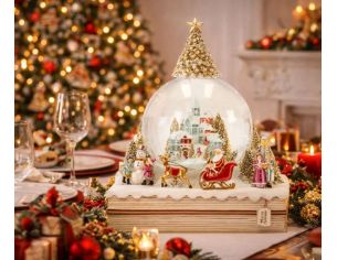 Boule à neige Noël village Père Noël traineau sapin doré socle livre LED H22cm - Lilosquare