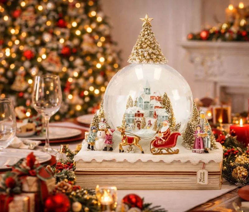 Boule à neige Noël village Père Noël traineau sapin doré socle livre LED H22cm - Lilosquare