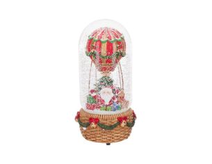 Boule à neige musicale Père Noël montgolfière rouge vert socle osier grelots H23cm - Lilosquare