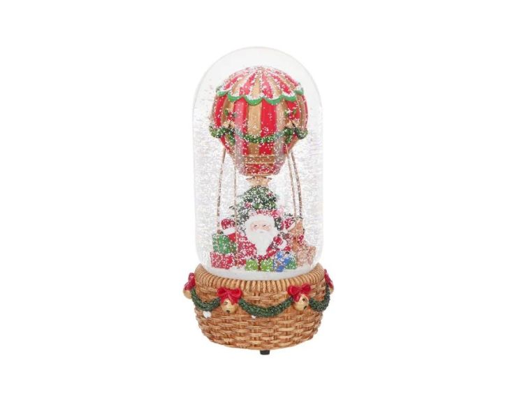 Boule à neige musicale Père Noël montgolfière rouge vert socle osier grelots H23cm - Lilosquare