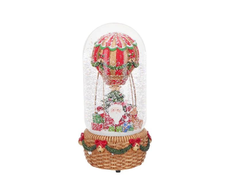 Boule à neige musicale Père Noël montgolfière rouge vert socle osier grelots H23cm - Lilosquare