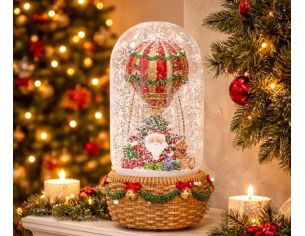 Boule à neige musicale Père Noël montgolfière rouge vert socle osier grelots H23cm - Lilosquare