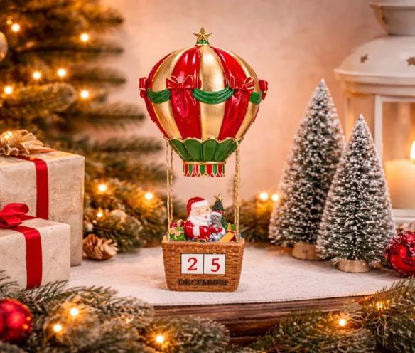 Décompte Noël montgolfière Père Noël rouge or vert cubes date polyrésine H34cm - Lilosquare