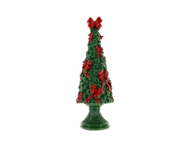 Sapin Noël décoratif polyrésine vert nœuds rouges socle H38cm - Lilosquare