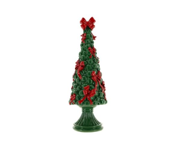 Sapin Noël décoratif polyrésine vert nœuds rouges socle H38cm - Lilosquare
