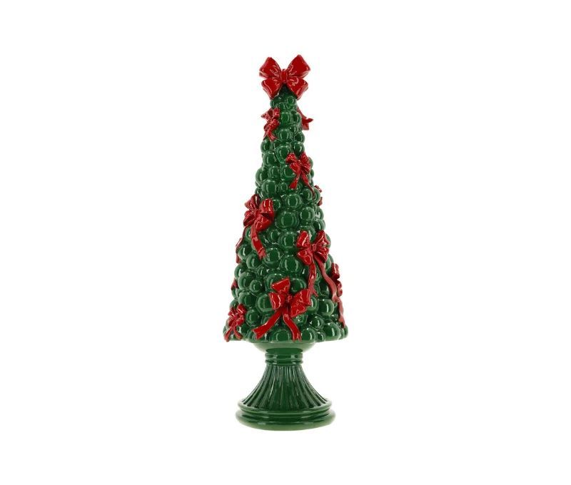 Sapin Noël décoratif polyrésine vert nœuds rouges socle H38cm - Lilosquare