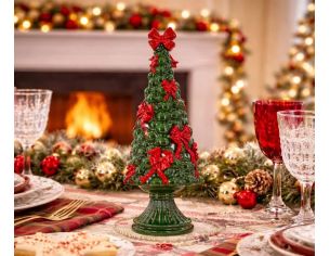 Sapin Noël décoratif polyrésine vert nœuds rouges socle H38cm - Lilosquare