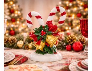 Décoration Noël cannes à sucre grelots dorés houx nœud rouge polyrésine H29cm - Lilosquare