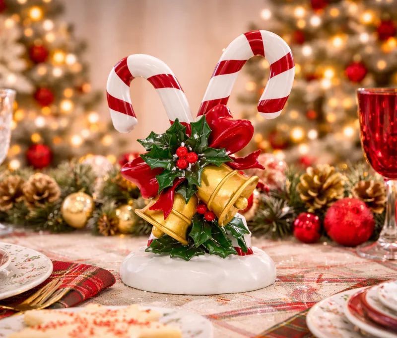 Décoration Noël cannes à sucre grelots dorés houx nœud rouge polyrésine H29cm - Lilosquare