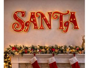 Enseigne murale Noël SANTA LED rouge or bois métal lettres 91x30cm - Lilosquare