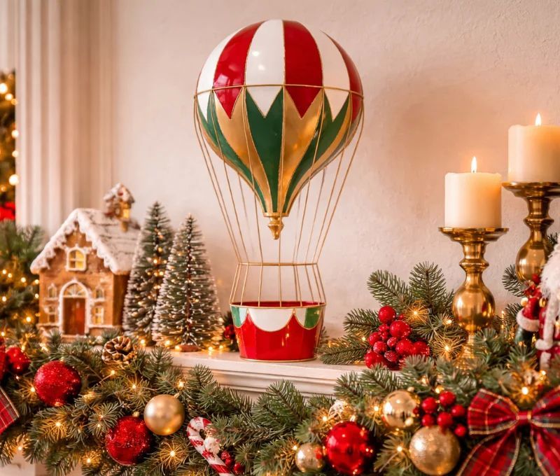Décoration Noël montgolfière métal rouge vert blanc or nacelle H76cm - Lilosquare