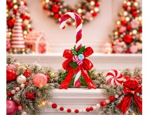 Décoration Noël sucre d'orge rose blanc nœud rouge houx boules polyrésine H45cm - Lilosquare