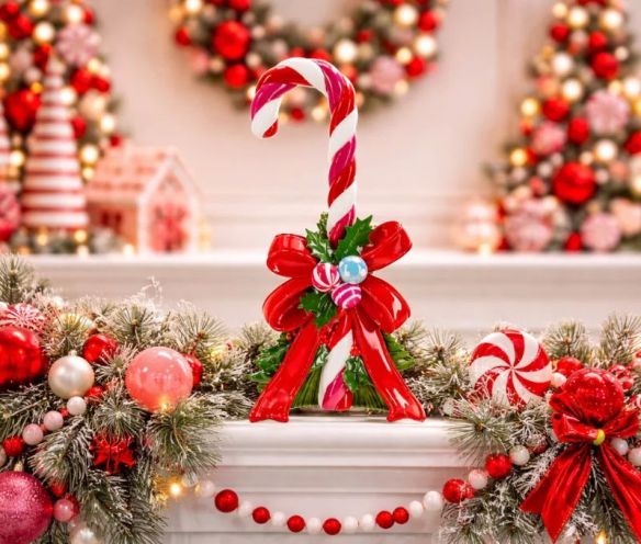 Décoration Noël sucre d'orge rose blanc nœud rouge houx boules polyrésine H45cm - Lilosquare