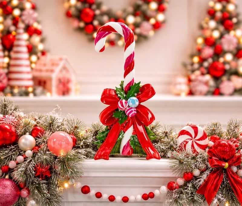 Décoration Noël sucre d'orge rose blanc nœud rouge houx boules polyrésine H45cm - Lilosquare