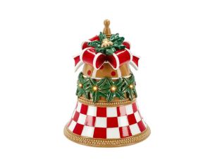 Cloche de Noël LED damier rouge blanc houx nœud or H35cm - Lilosquare