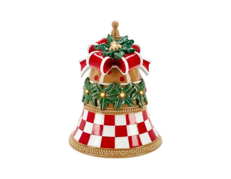 Cloche de Noël LED damier rouge blanc houx nœud or H35cm - Lilosquare