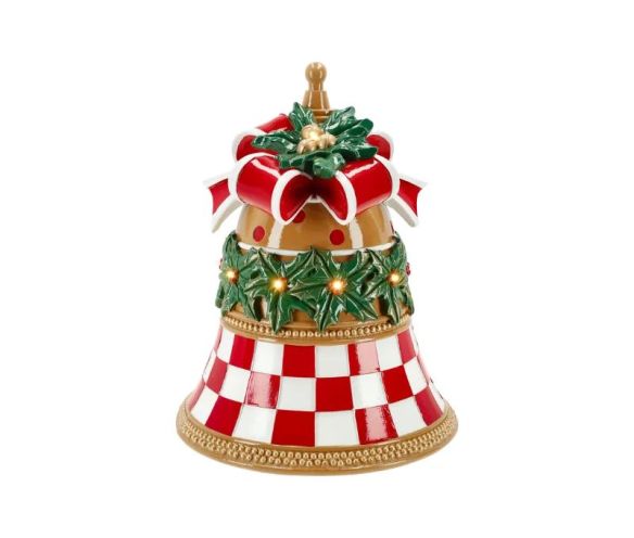 Cloche de Noël LED damier rouge blanc houx nœud or H35cm - Lilosquare