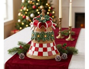 Cloche de Noël LED damier rouge blanc houx nœud or H35cm - Lilosquare