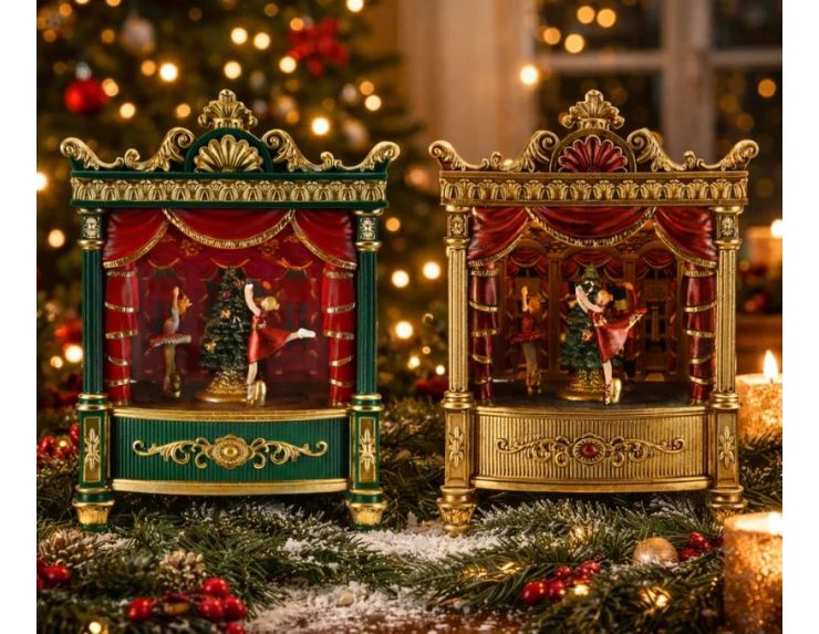 Boîte à musique théâtre ballet Noël vert or danseurs tournants LED rideau rouge - Lilosquare