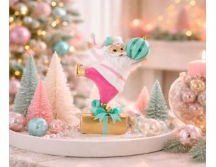 Figurine Noël Père Noël rose fuchsia turquoise cadeau doré boule 22cm - Lilosquare