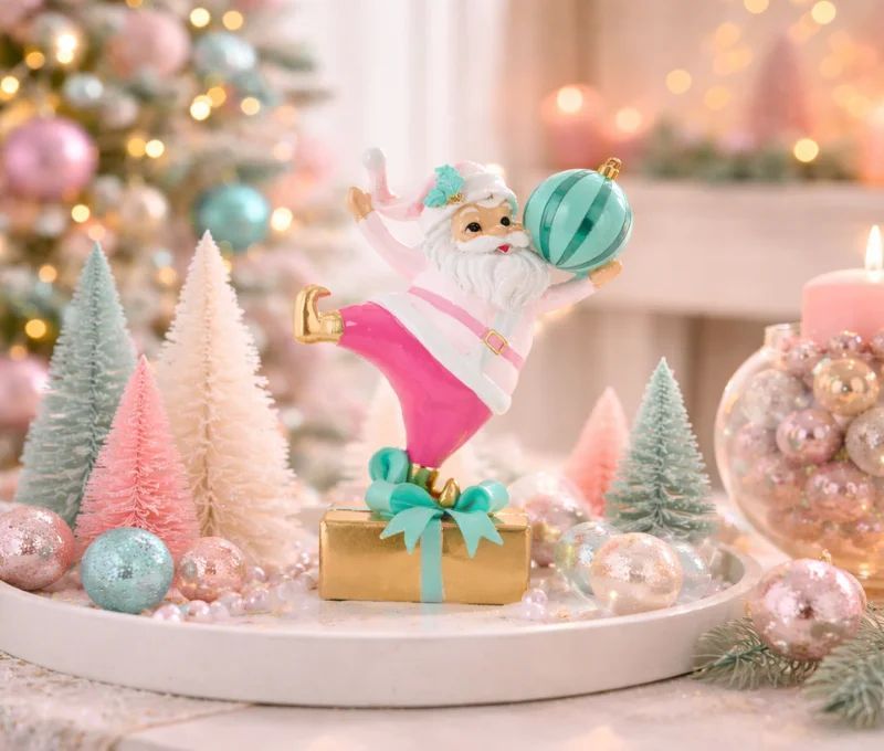 Figurine Noël Père Noël rose fuchsia turquoise cadeau doré boule 22cm - Lilosquare