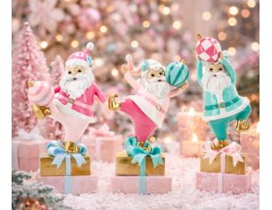 Figurine Noël Père Noël rose blanc cadeau doré boule rose rayée 22cm - Lilosquare