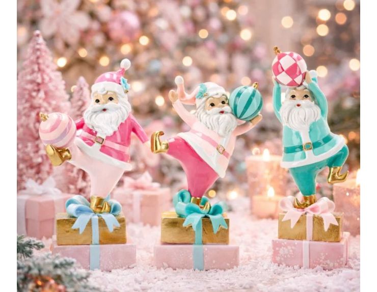 Figurine Noël Père Noël rose blanc cadeau doré boule rose rayée 22cm - Lilosquare