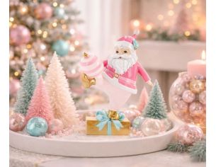 Figurine Noël Père Noël rose blanc cadeau doré boule rose rayée 22cm - Lilosquare