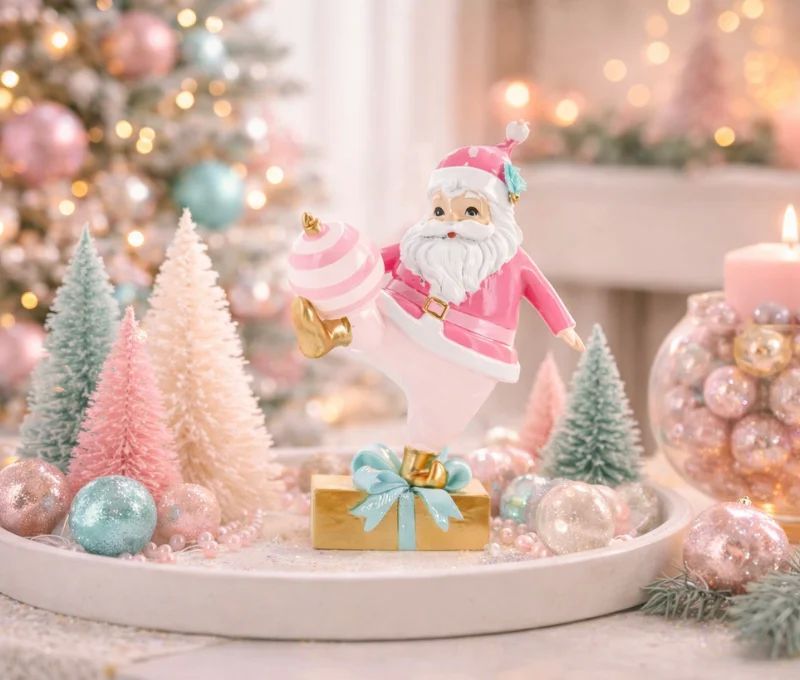 Figurine Noël Père Noël rose blanc cadeau doré boule rose rayée 22cm - Lilosquare