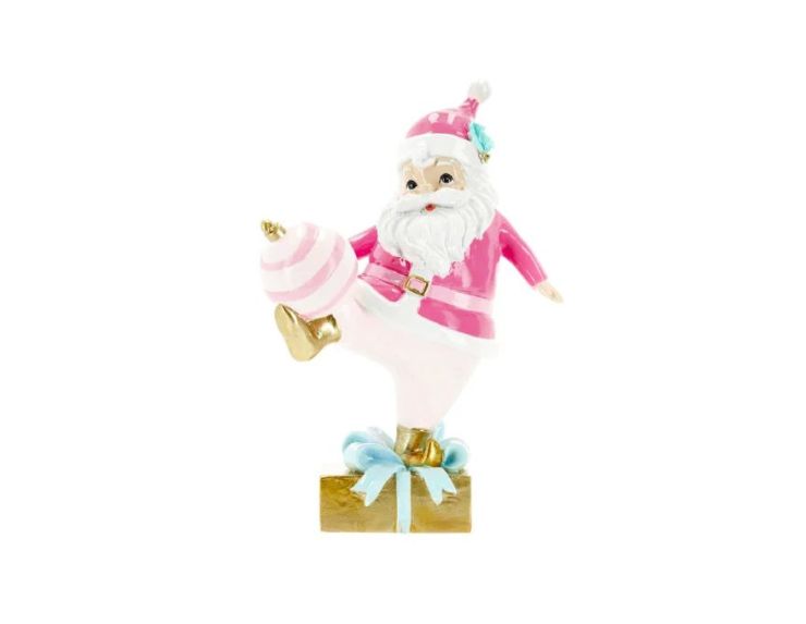 Figurine Noël Père Noël rose blanc cadeau doré boule rose rayée 22cm - Lilosquare