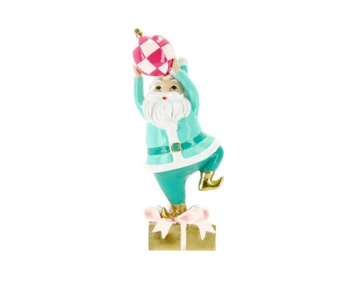 Figurine Noël Père Noël turquoise rose cadeau doré boule damier 22cm - Lilosquare